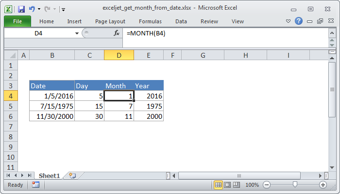 Excel Get month from date
