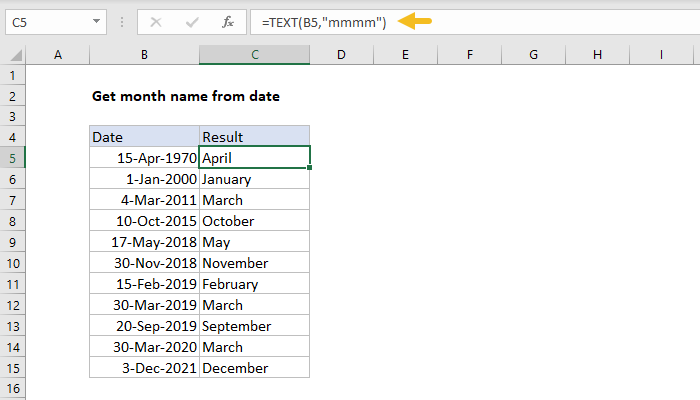 Excel Get month name from date