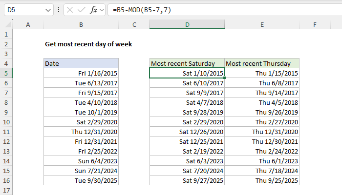 Excel Get most recent day of week