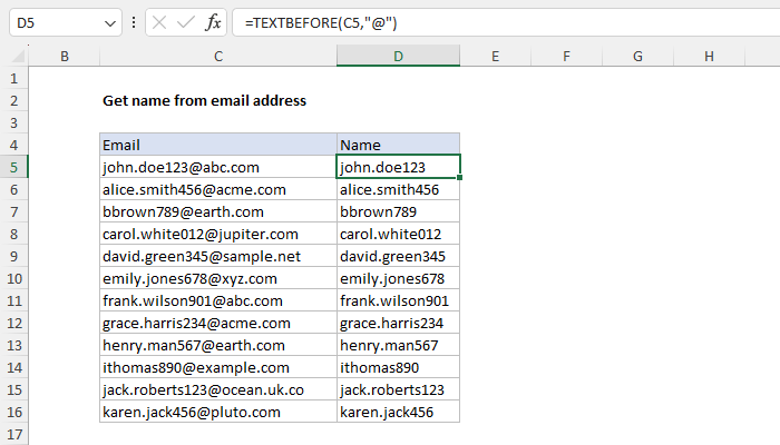 Excel Get name from email address