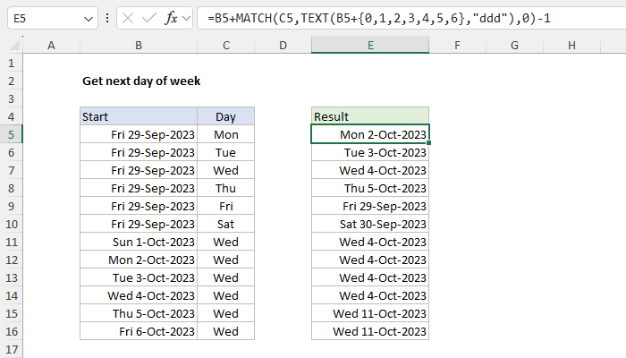 Excel Get next day of week