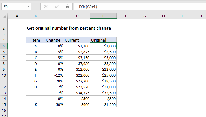 Excel Get original number from percent change