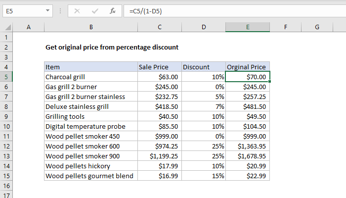 Excel Get original price from percentage discount