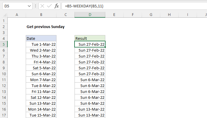 Excel Get previous Sunday