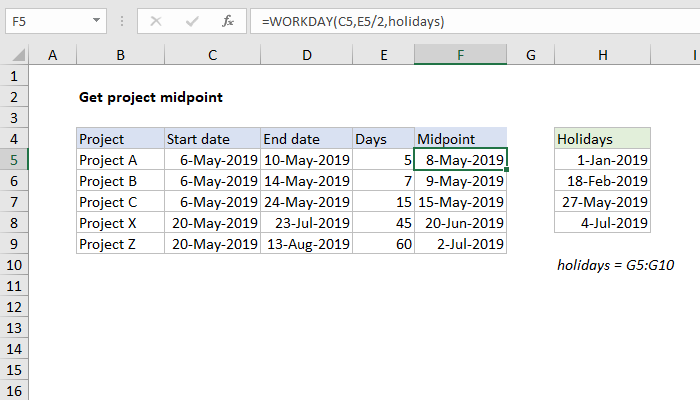 Excel Get project midpoint