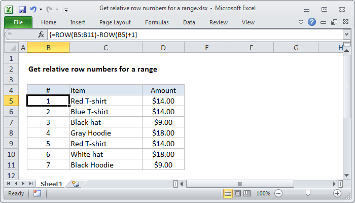 Excel Get relative row numbers in range