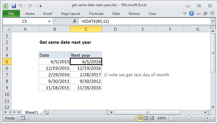 Excel Get same date next year