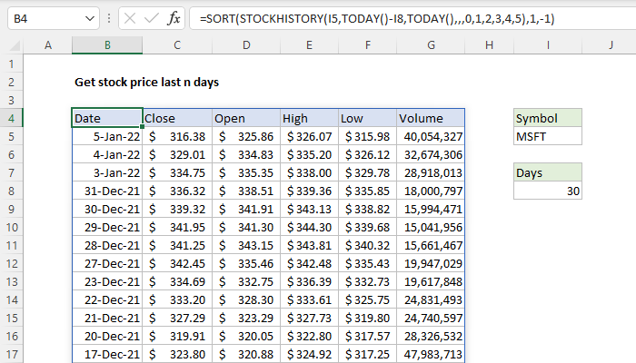 Excel Get stock price last n days