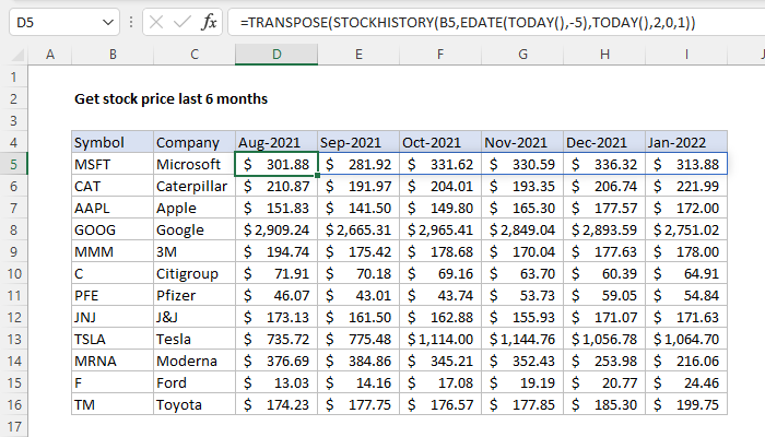 Excel Get stock price last n months