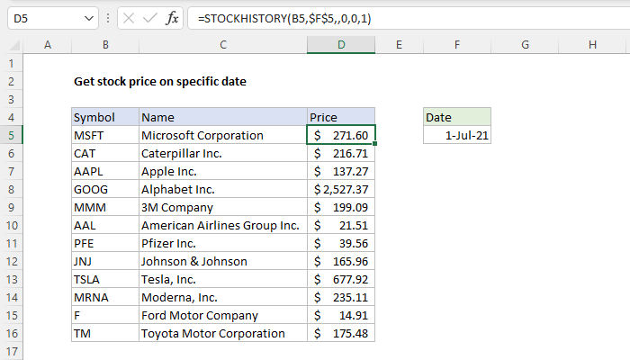 Excel Get stock price on specific date