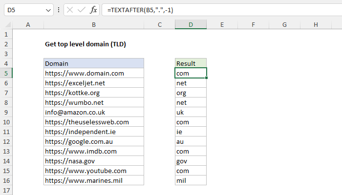 Excel Get top level domain (TLD)