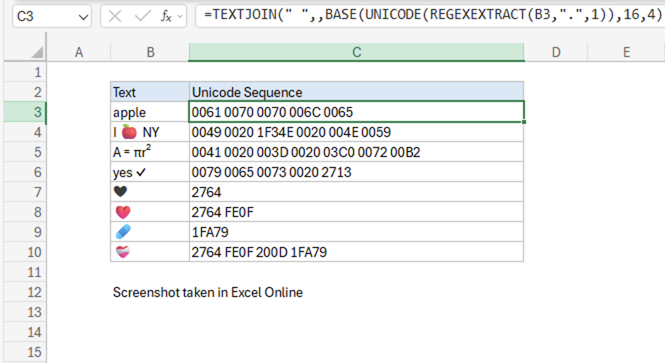 Excel Get Unicode Sequence from text