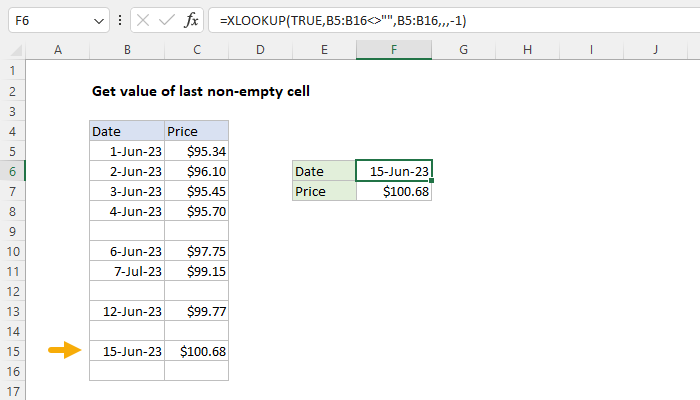 Excel Get value of last non-empty cell