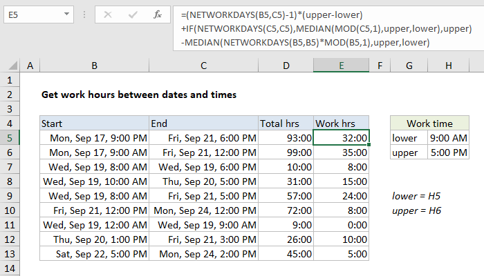 Excel Get work hours between dates and times