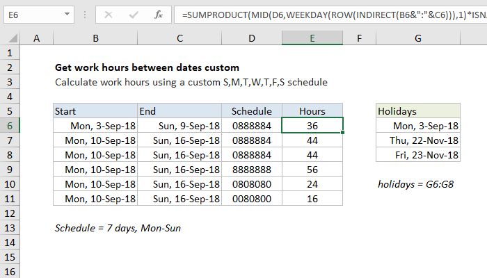 Excel Get work hours between dates custom schedule