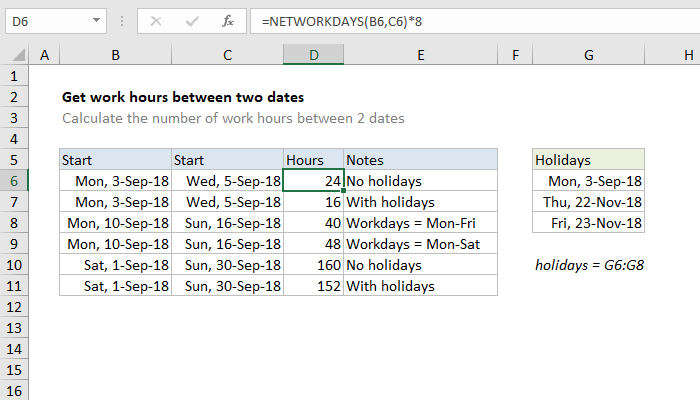 Excel Get work hours between dates