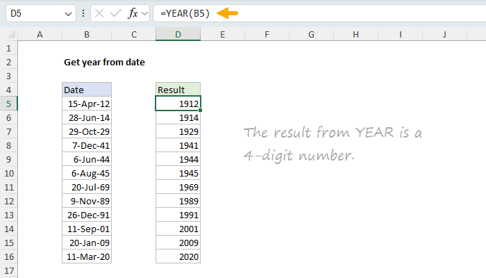 Excel Get year from date