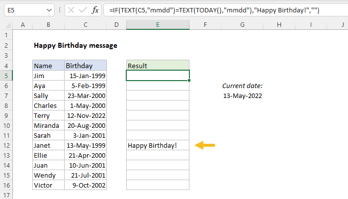 Excel Happy birthday message
