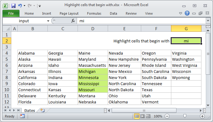 Excel Highlight cells that begin with