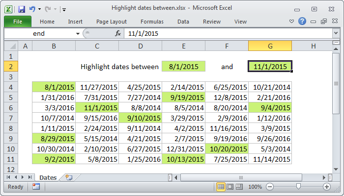 Excel Highlight dates between