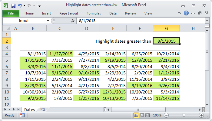 Excel Highlight dates greater than