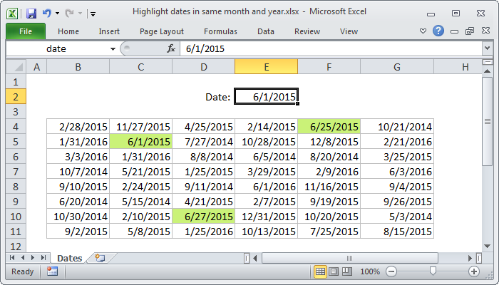 Excel Highlight dates in same month and year
