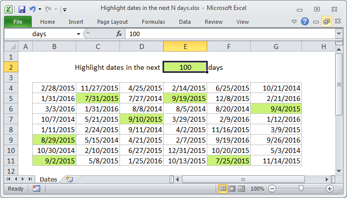 Excel Highlight dates in the next N days