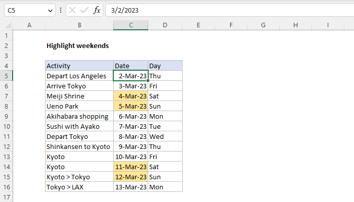 Excel Highlight dates that are weekends
