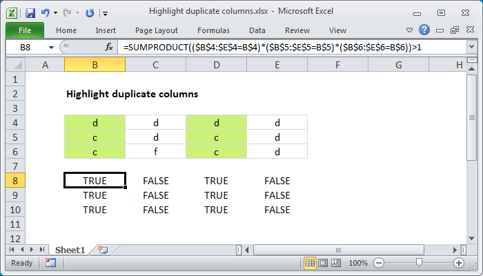 Excel Highlight duplicate columns