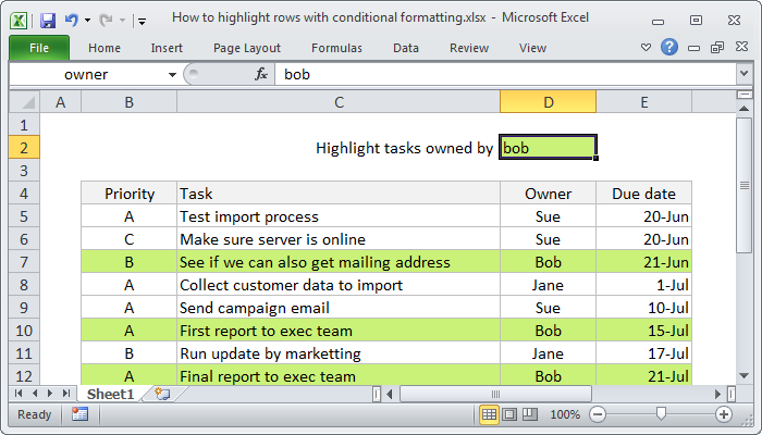 Excel Highlight entire rows