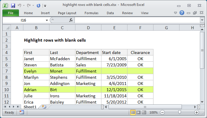 Excel Highlight rows with blank cells