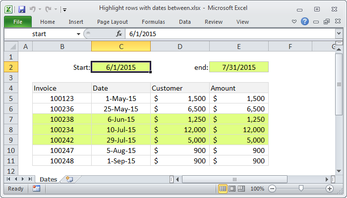 Excel Highlight rows with dates between