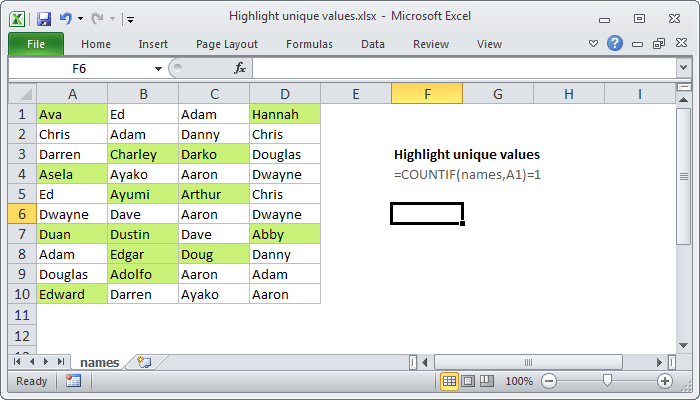 Excel Highlight unique values