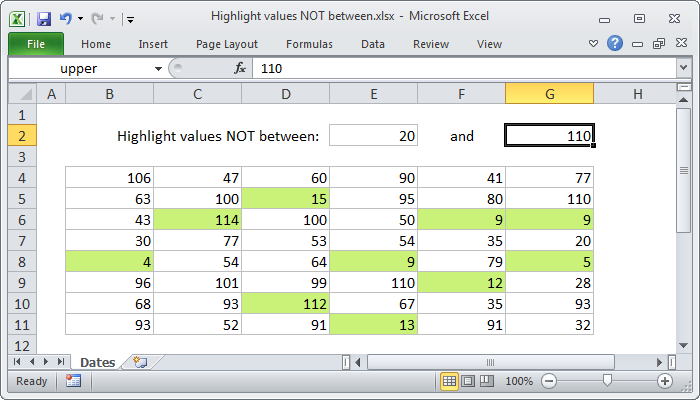 Excel Highlight values not between X and Y