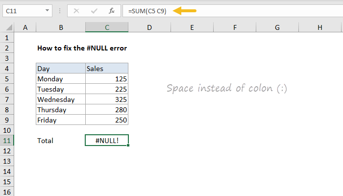 Excel How to fix the #NULL! error