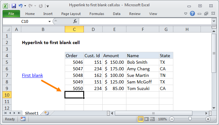 Excel Hyperlink to first blank cell