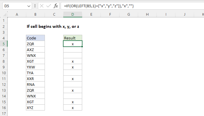 Excel If cell begins with x, y, or z