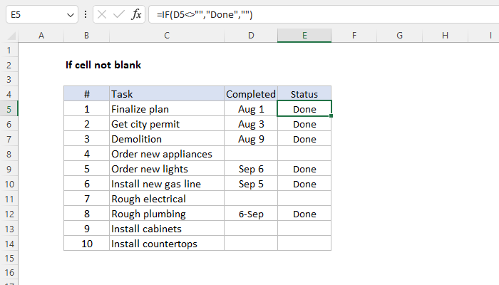 Excel If cell is not blank