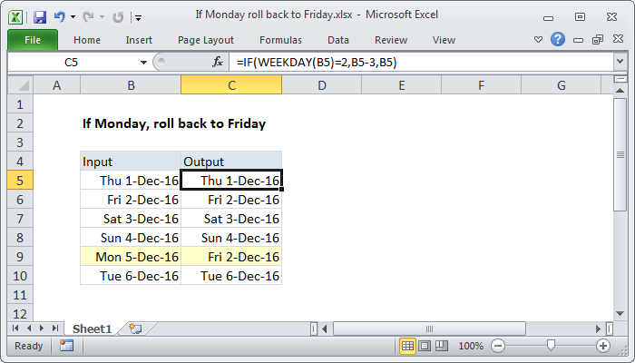Excel If Monday, roll back to Friday