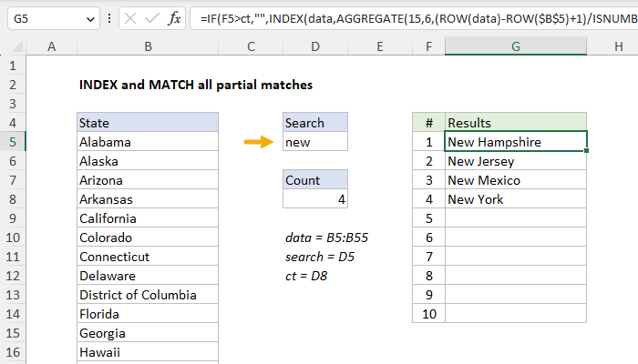 Excel INDEX and MATCH all partial matches