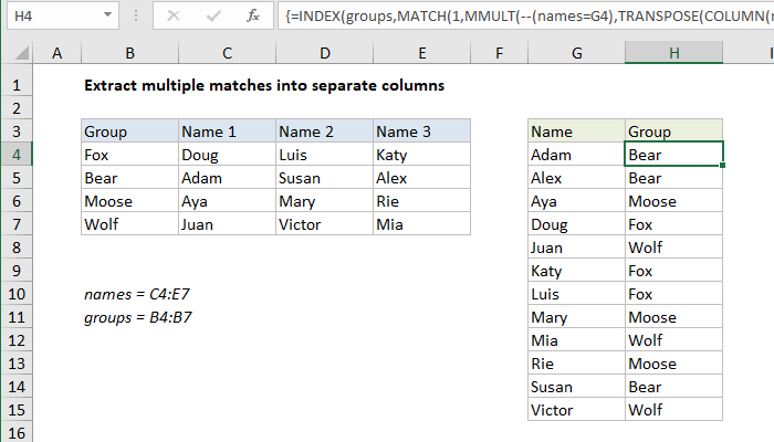 Excel Index and match on multiple columns
