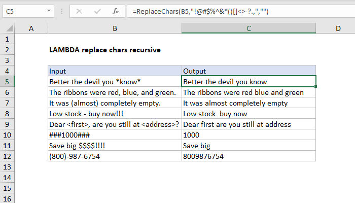 Excel LAMBDA replace characters recursive
