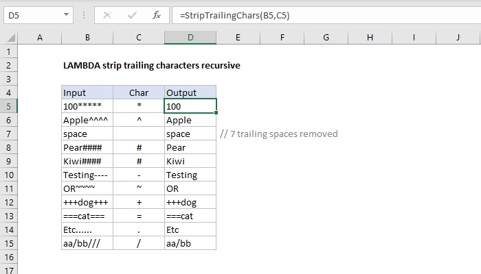 Excel LAMBDA strip trailing characters recursive