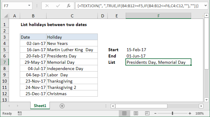 Excel List holidays between two dates
