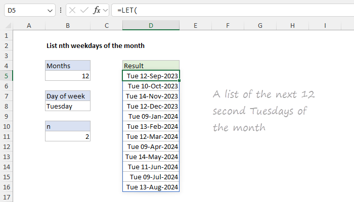Excel List nth weekdays of the month
