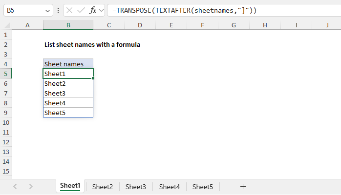 Excel List sheet names with formula