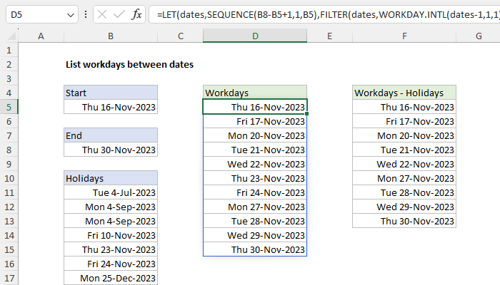 Excel List workdays between dates