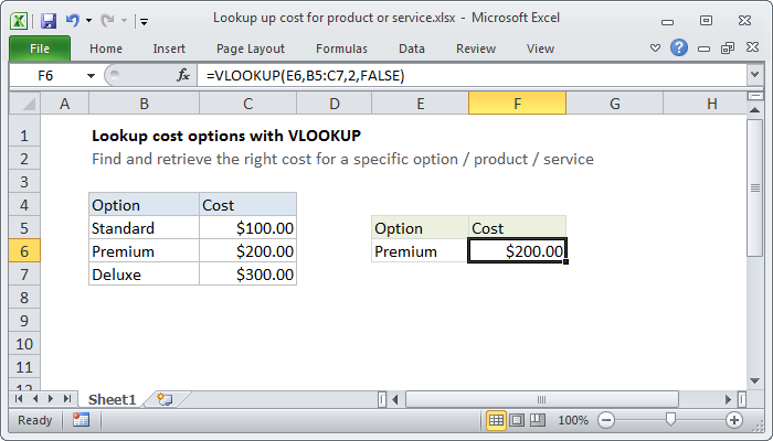 Excel Lookup up cost for product or service