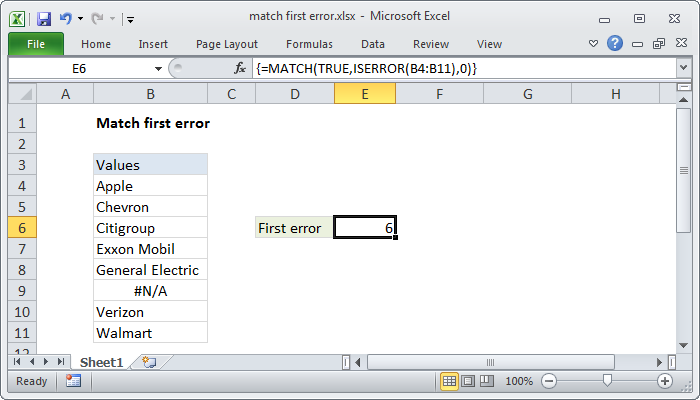 Excel Match first error