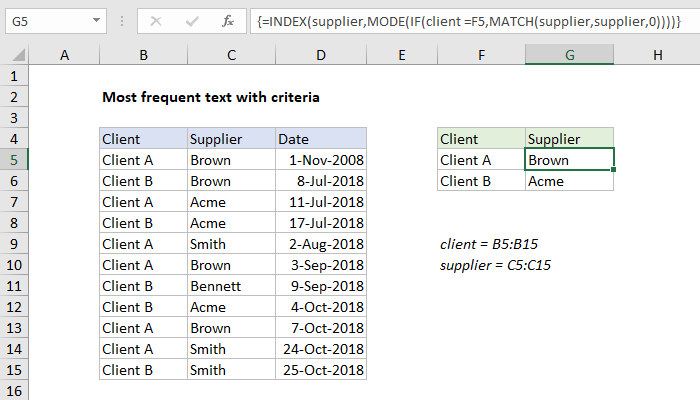 Excel Most frequent text with criteria